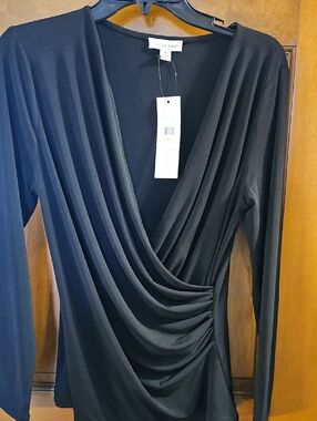 Calvin Klein Black Draped Wrap-Style Long Sleeve Top